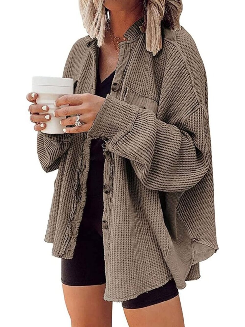 Cozy Oversized Waffle Knit Shacket for Women | Long Sleeve Button Down Jacket